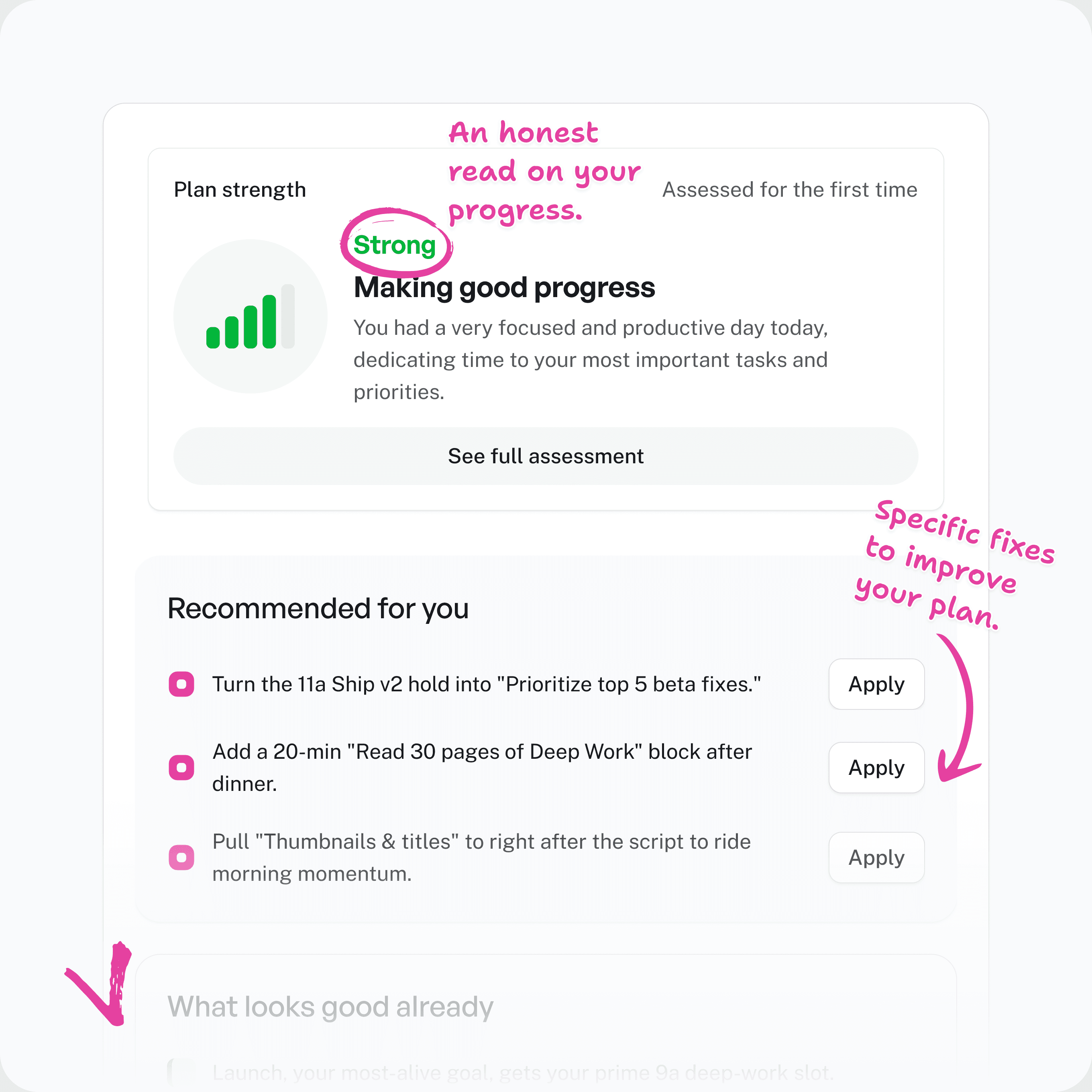 Superfocus coaching interface with plan strength and recommended improvements