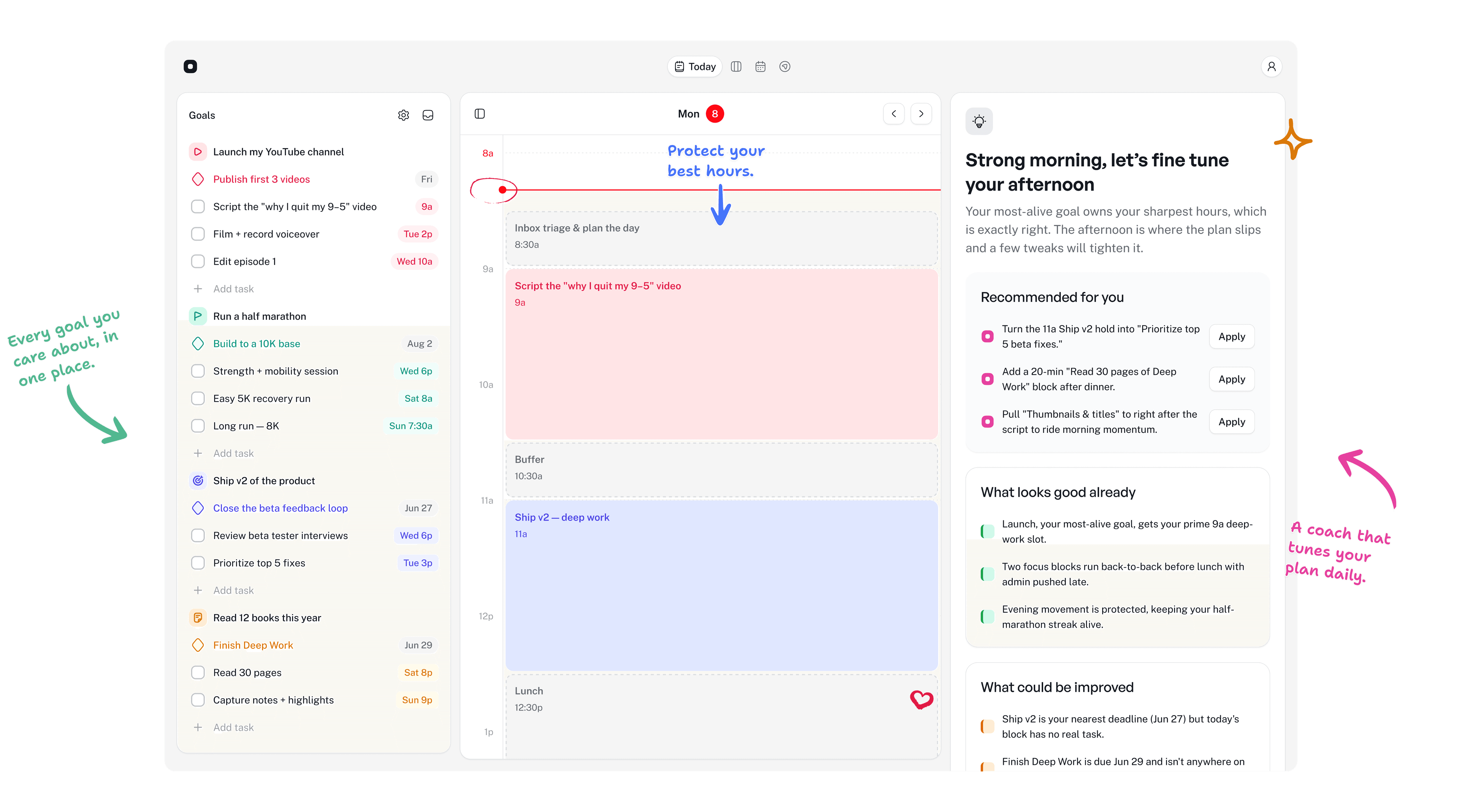 Superfocus product showing goals, calendar, and coaching suggestions with handwritten annotations